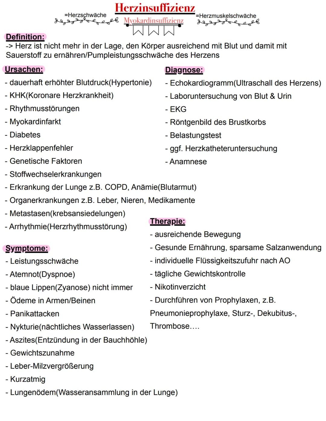 =Herzschwäche
Herzinsuffizienz
Myokardinsuffizienz
WWW
Symptome:
Definition:
-> Herz ist nicht mehr in der Lage, den Körper ausreichend mit 