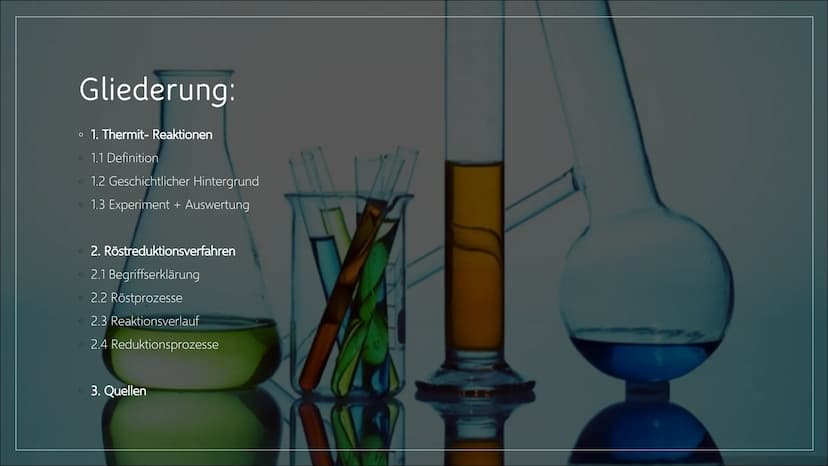 THERMIT REAKTION &
RÖSTREDUKTIONSVERFAHREN
11/1 Gliederung:
1. Thermit- Reaktionen
O 1.1 Definition
1.2 Geschichtlicher Hintergrund
O
O
O
2.