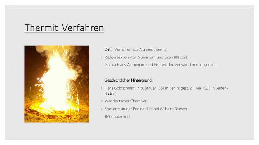 THERMIT REAKTION &
RÖSTREDUKTIONSVERFAHREN
11/1 Gliederung:
1. Thermit- Reaktionen
O 1.1 Definition
1.2 Geschichtlicher Hintergrund
O
O
O
2.