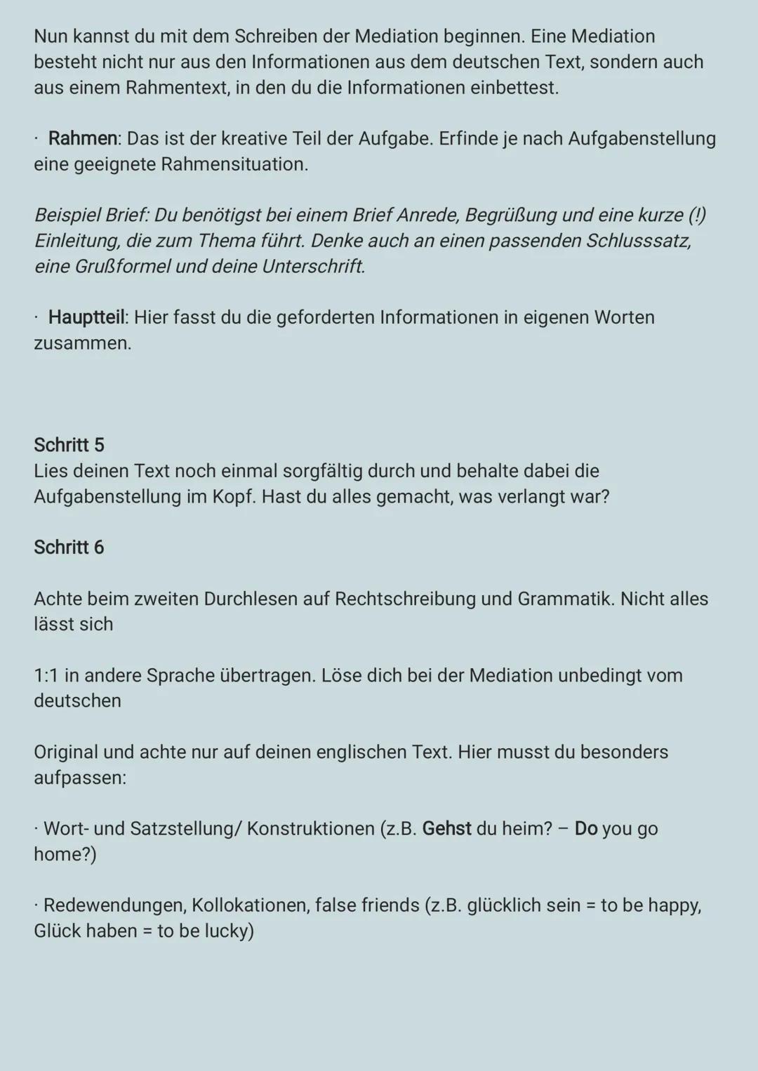 Wie schreibe ich eine gute Mediation?
Worum geht es?
Bei der Mediation wird von dir erwartet, einen deutschen Text nur sinngemäß ins
Englisc