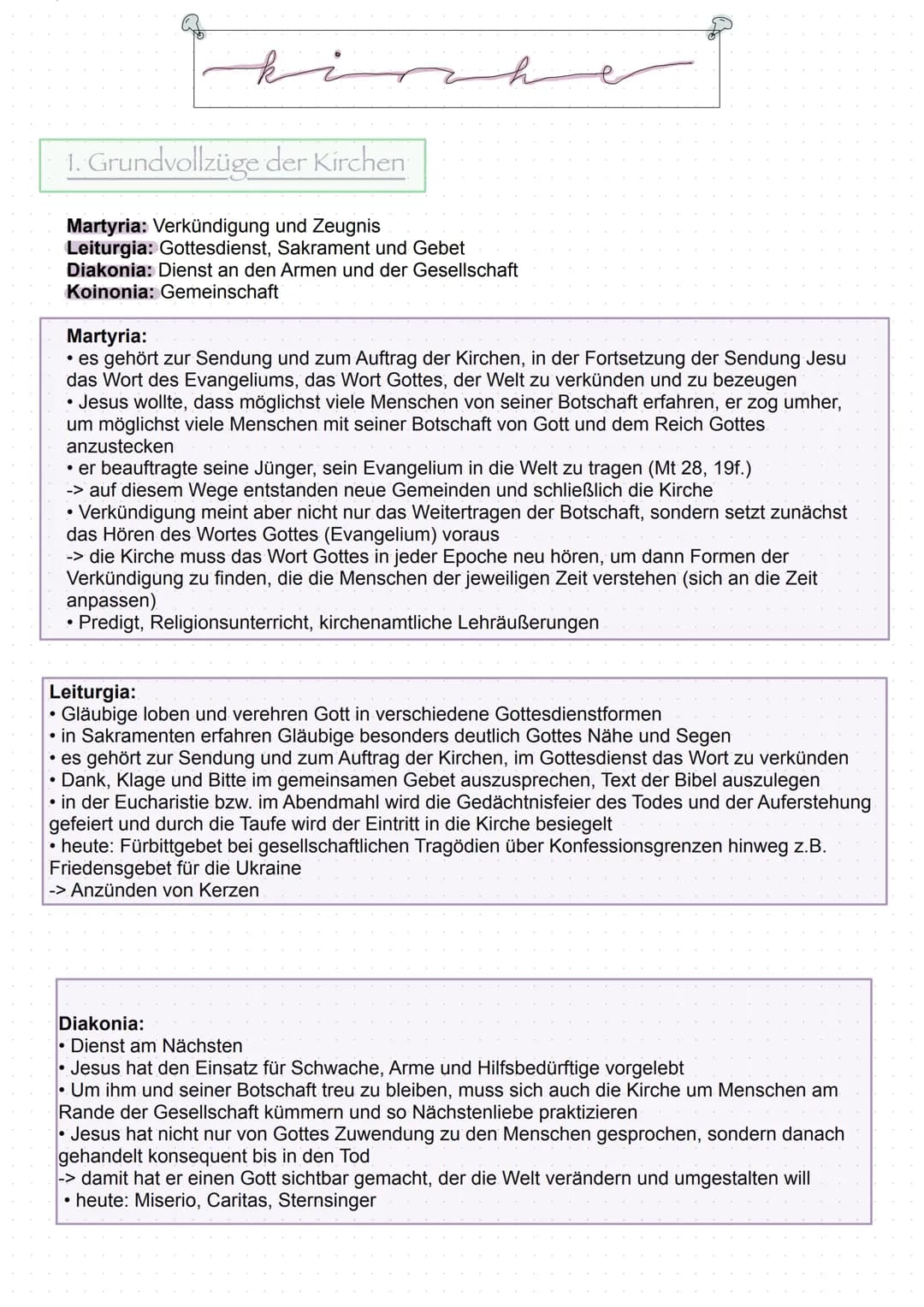 k
1. Grundvollzüge der Kirchent
h
Martyria: Verkündigung und Zeugnis
Leiturgia: Gottesdienst, Sakrament und Gebet
Diakonia: Dienst an den Ar