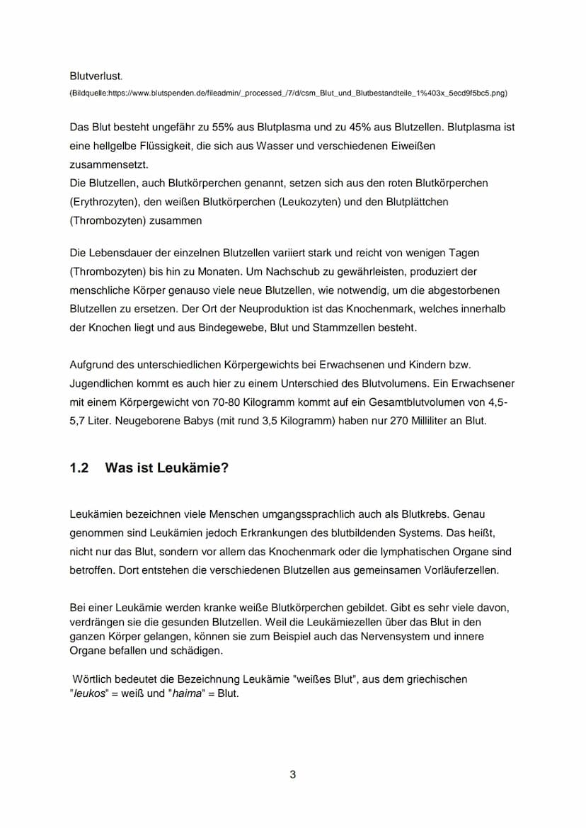 Inhaltsverzeichnis:
1. Einleitung...
1.1 Was ist Blut?
1.2 Was ist Leukämie?
2. Welche Arten gibt es?
2.. Akute lymphatische Leukämie (ALL)
