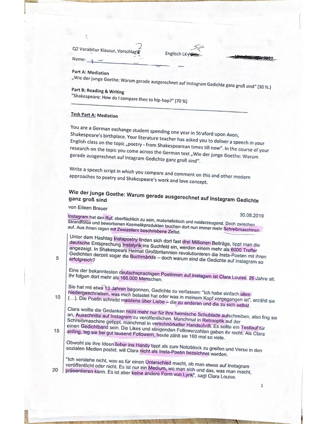 5
10
15
20
Q2 Vorabitur Klausur, Vorschlag
Name:
Si
Englisch LKSehr
Part A: Mediation
„Wie der junge Goethe: Warum gerade ausgerechnet auf I