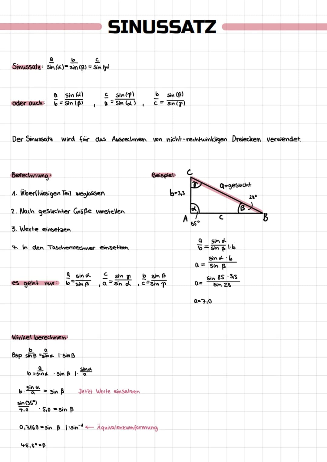 a
6
Sinussatz: sin(x) = sin(B) = Sin (g)
x) = sin(B) = Sin (y)
a
Sin (2)
oder auch: 6 = Sin (B)
es geht nur:
Berechnung:
1. überflüssigen Te