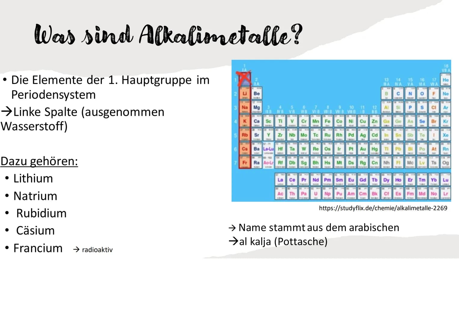 Alkalimetalle Inhaltsverzeichnis
Was sind Alkalimetalle?
Eigenschaften der Alkalimetalle
Besonderheiten
Wichtige Reaktionen
Tendenzen
Nennen