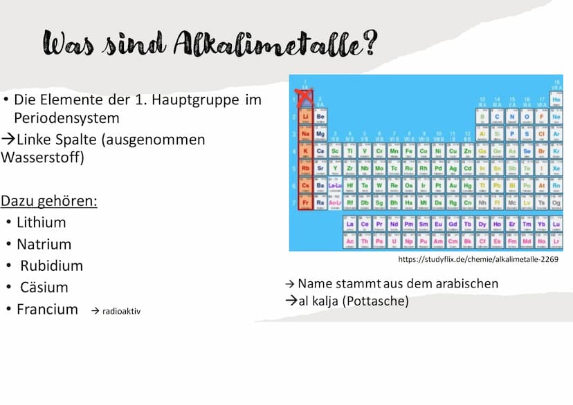 Alkalimetalle Inhaltsverzeichnis
Was sind Alkalimetalle?
Eigenschaften der Alkalimetalle
Besonderheiten
Wichtige Reaktionen
Tendenzen
Nennen
