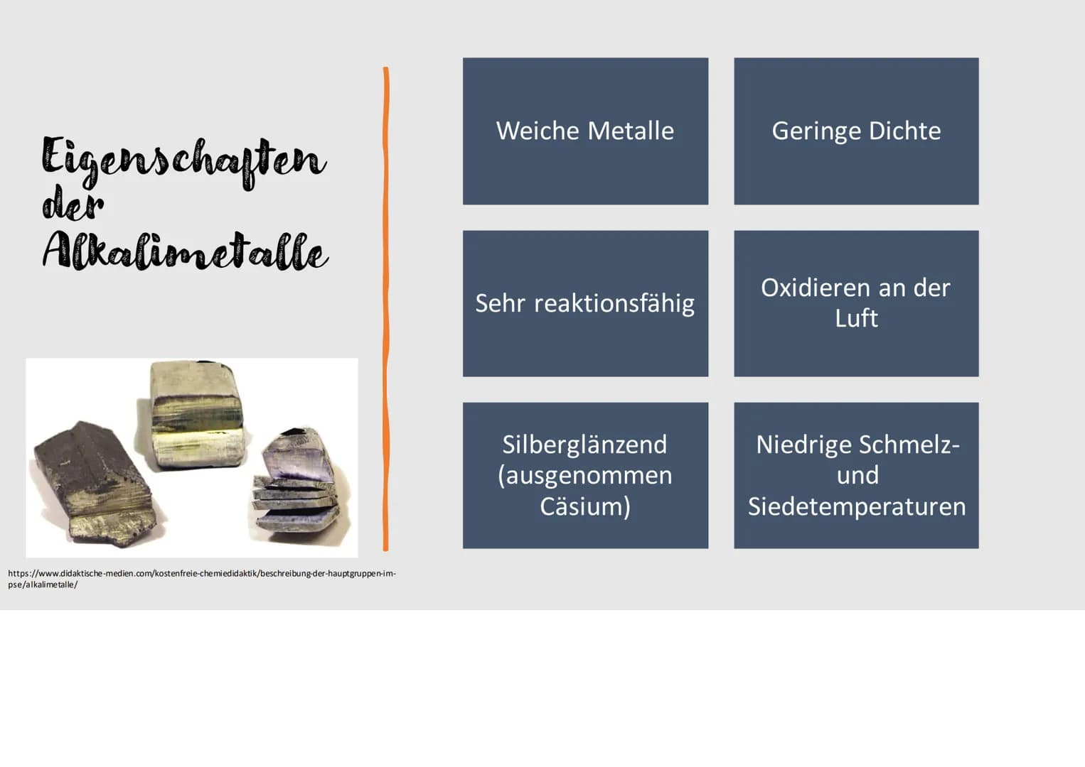 Alkalimetalle Inhaltsverzeichnis
Was sind Alkalimetalle?
Eigenschaften der Alkalimetalle
Besonderheiten
Wichtige Reaktionen
Tendenzen
Nennen