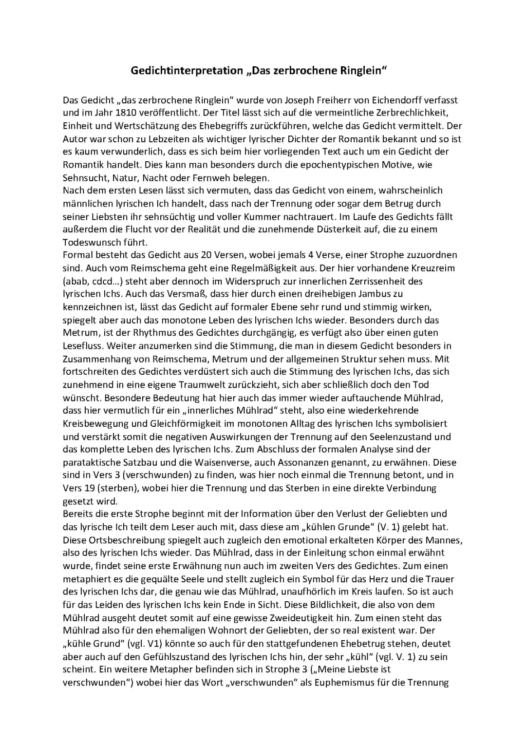 Analyse und Interpretation 'Das zerbrochene Ringlein' PDF, Metrum, Epoche