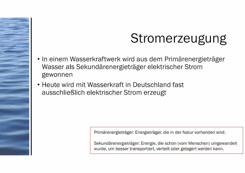 Präsentation von Aileen
Wasserkraft 1. Wasserwerke
2. Energieübertragungskette
3. Stromerzeugung
4. Wirkungsgrad
5. Die Rolle bei der Energi