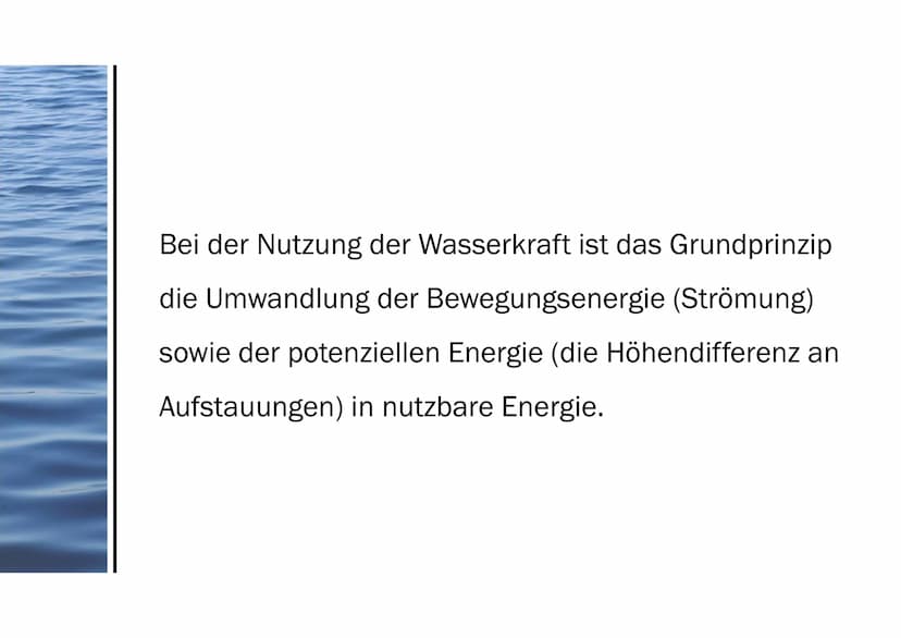 Präsentation von Aileen
Wasserkraft 1. Wasserwerke
2. Energieübertragungskette
3. Stromerzeugung
4. Wirkungsgrad
5. Die Rolle bei der Energi