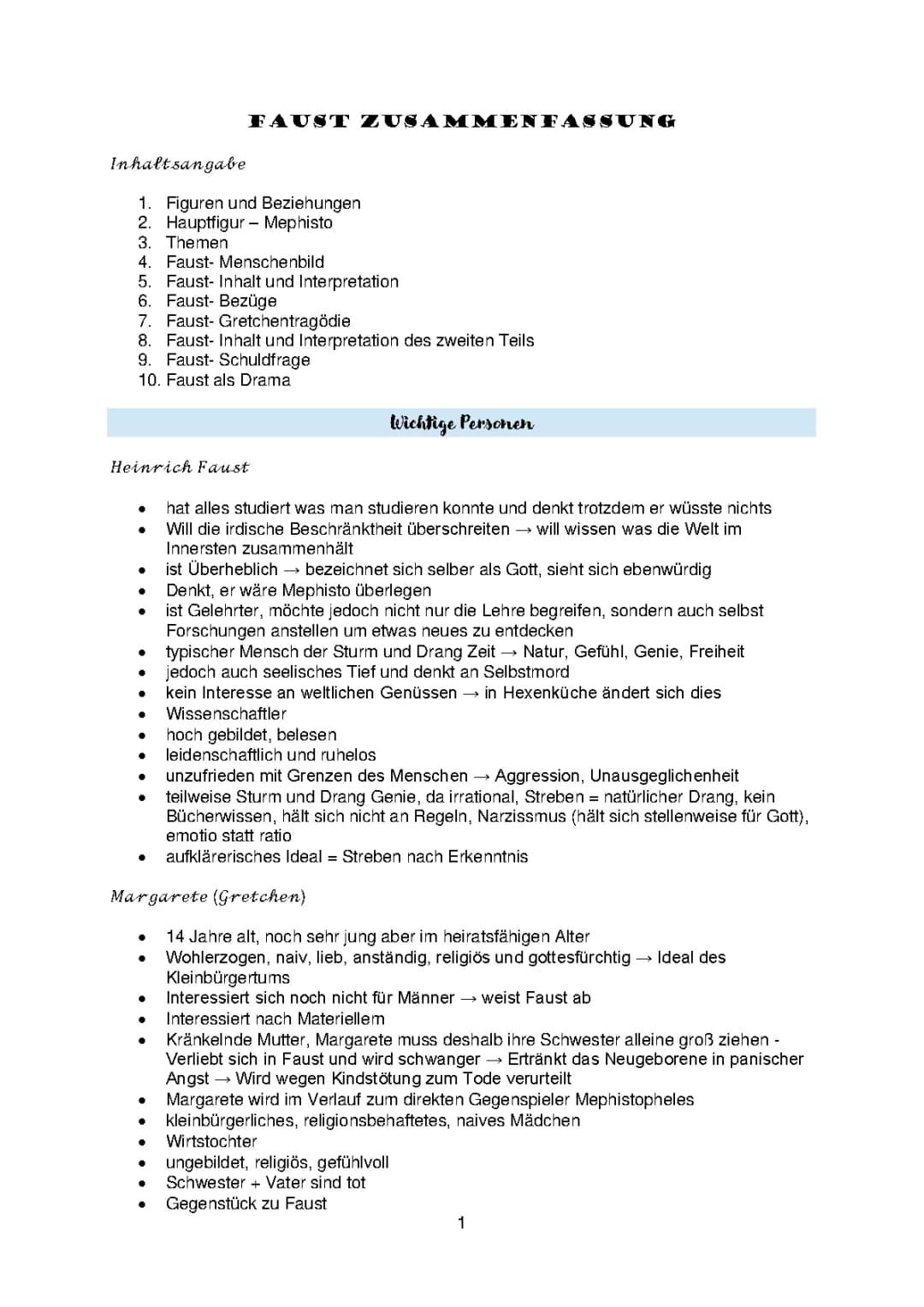 Faust Zusammenfassungen und Charakterisierungen für das Abitur