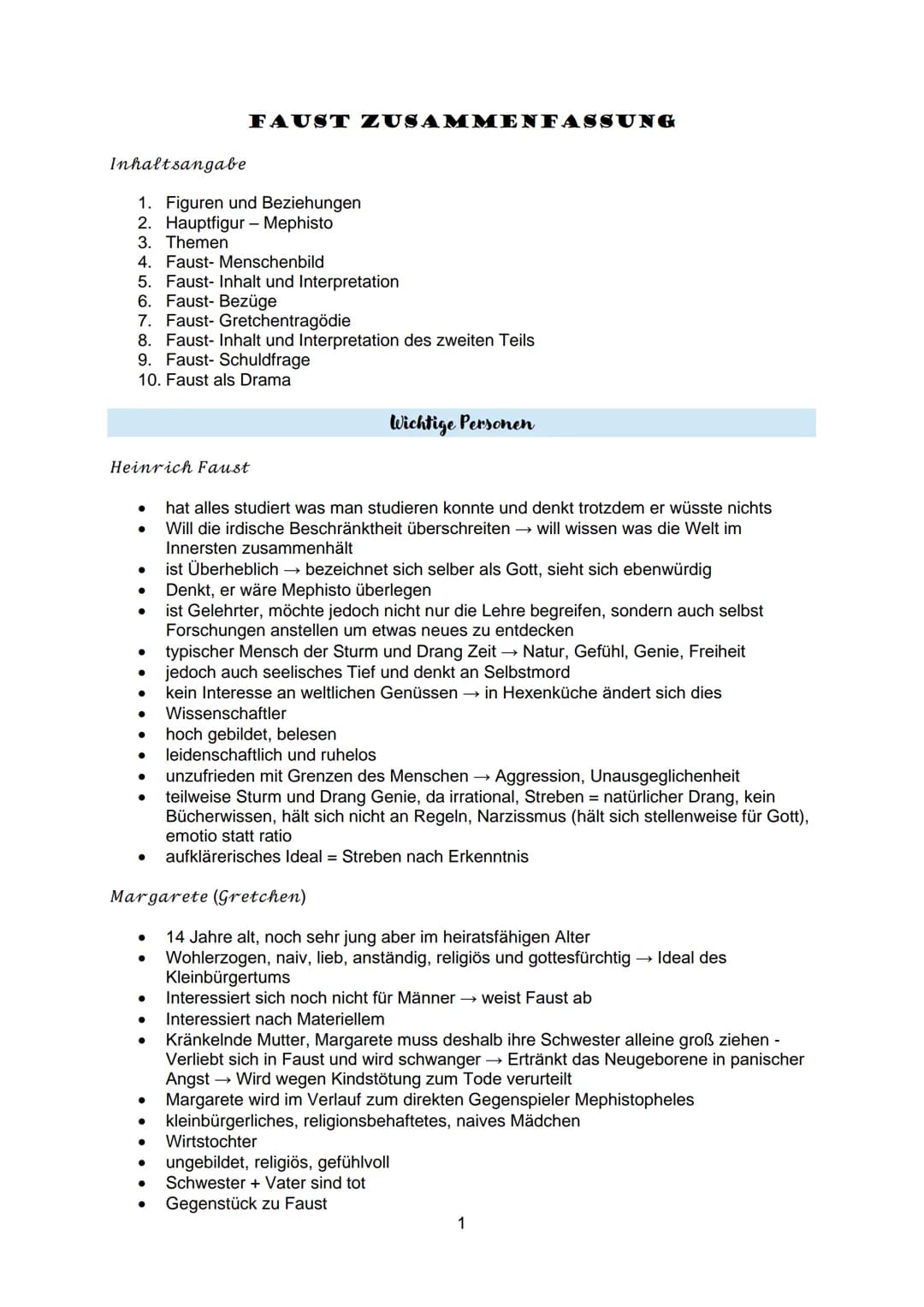 Inhaltsangabe
1. Figuren und Beziehungen
2. Hauptfigur - Mephisto
3. Themen
4. Faust- Menschenbild
5. Faust- Inhalt und Interpretation
6. Fa