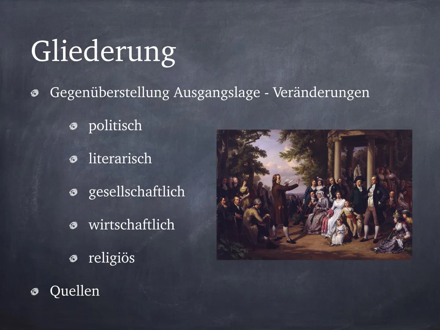 Veränderungen im 18. Jahrhundert
Politik:
Ausgangslage:
Reichsgewalt beim Kaiser
Parzellierung des Reichsgebiets
Absolutismus
Literatur:
Aus