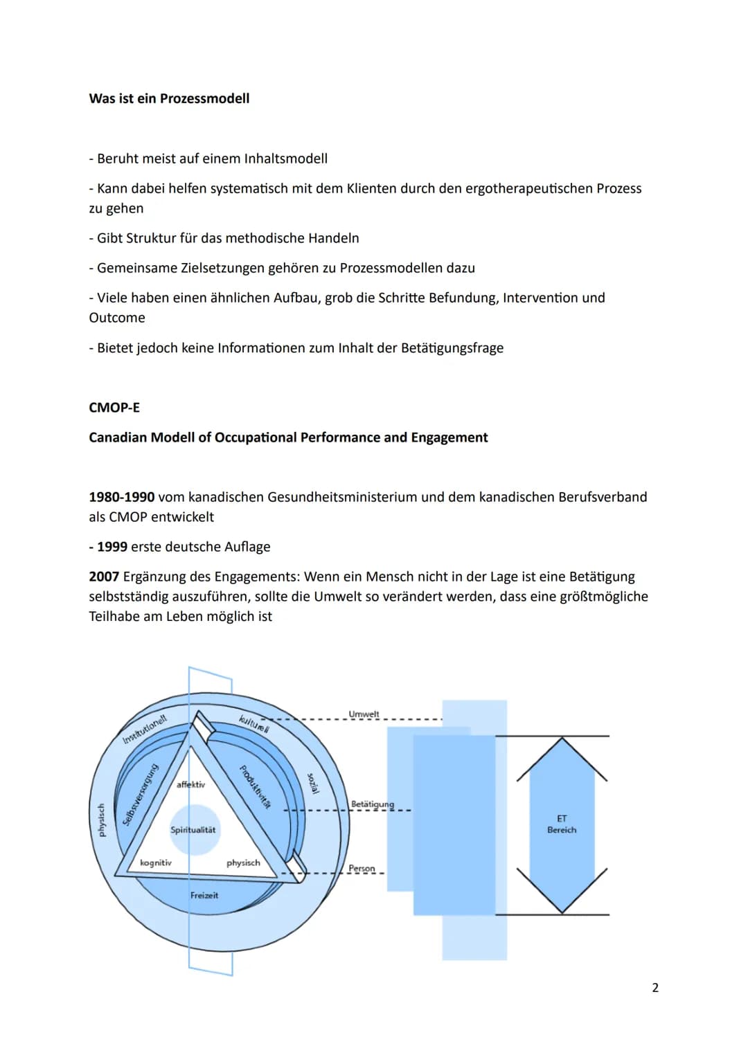 Grundlagen der Ergotherapie 2
Modellarten
Inhaltsmodelle
- PEO: Person Enviroment Occupation Model
- CMOP-E: Canadian Model of Occupational 