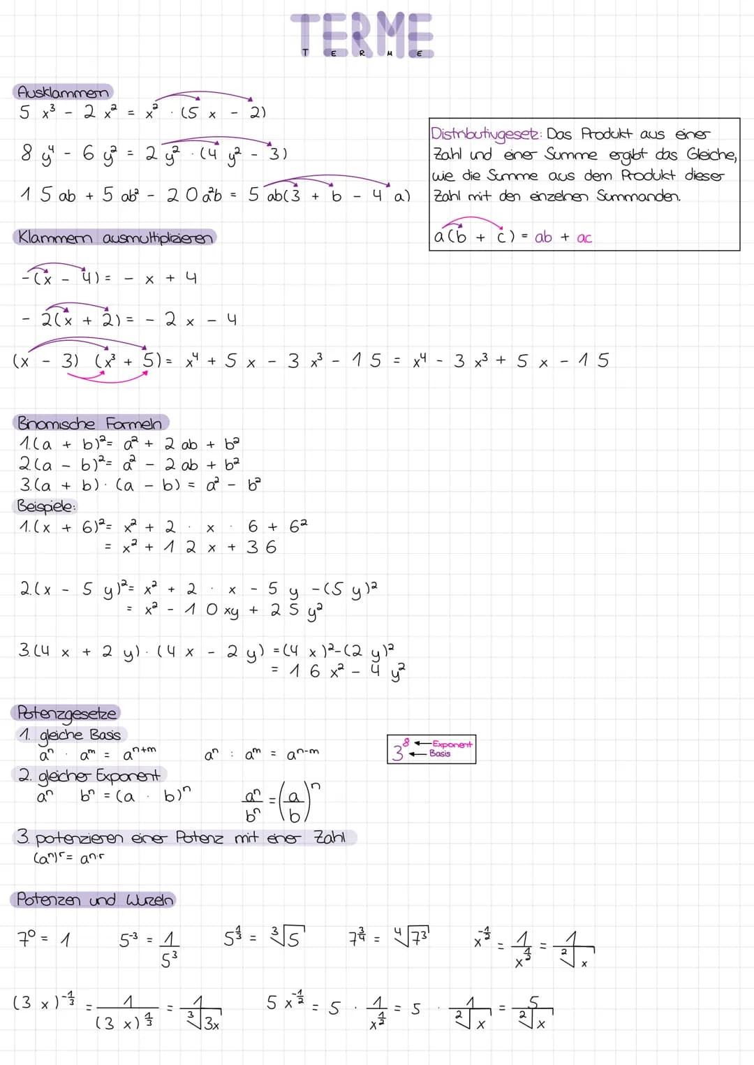 Ausklammen
5x³2x²
8५
6 9³²
15 ab + 5 ab²
2(x 2)=
Klammern ausmultiplizieren
-(x-4)= - X
2.(x
=
+
3.64 x
x² (5 x
2 y².14 y²
20 ab
3) (x³ + 5)