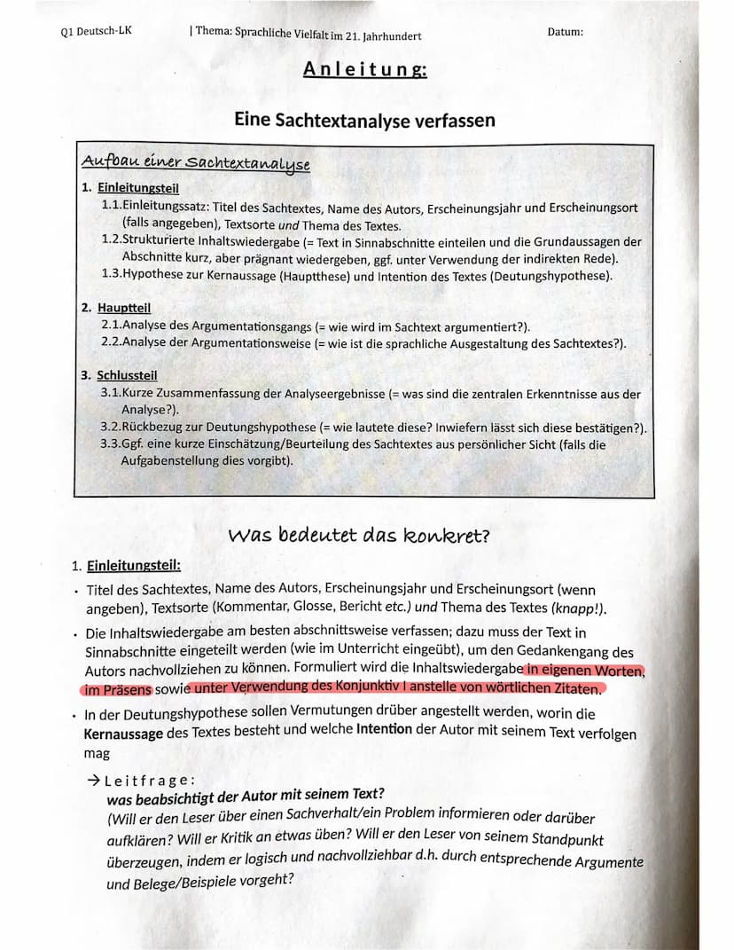Deutschklausur: Sachtextanalyse
· Klausur geht in die Richtung
deutsche Sprachgefüge
besteht
- Umgangssprache
- regionale Sprache
-ethnolekt