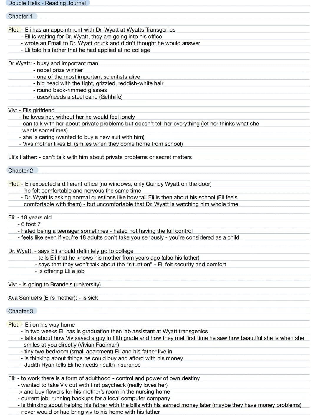 Double Helix - Reading Journal
Chapter 1
Plot: - Eli has an appointment with Dr. Wyatt at Wyatts Transgenics
- Eli is waiting for Dr. Wyatt,