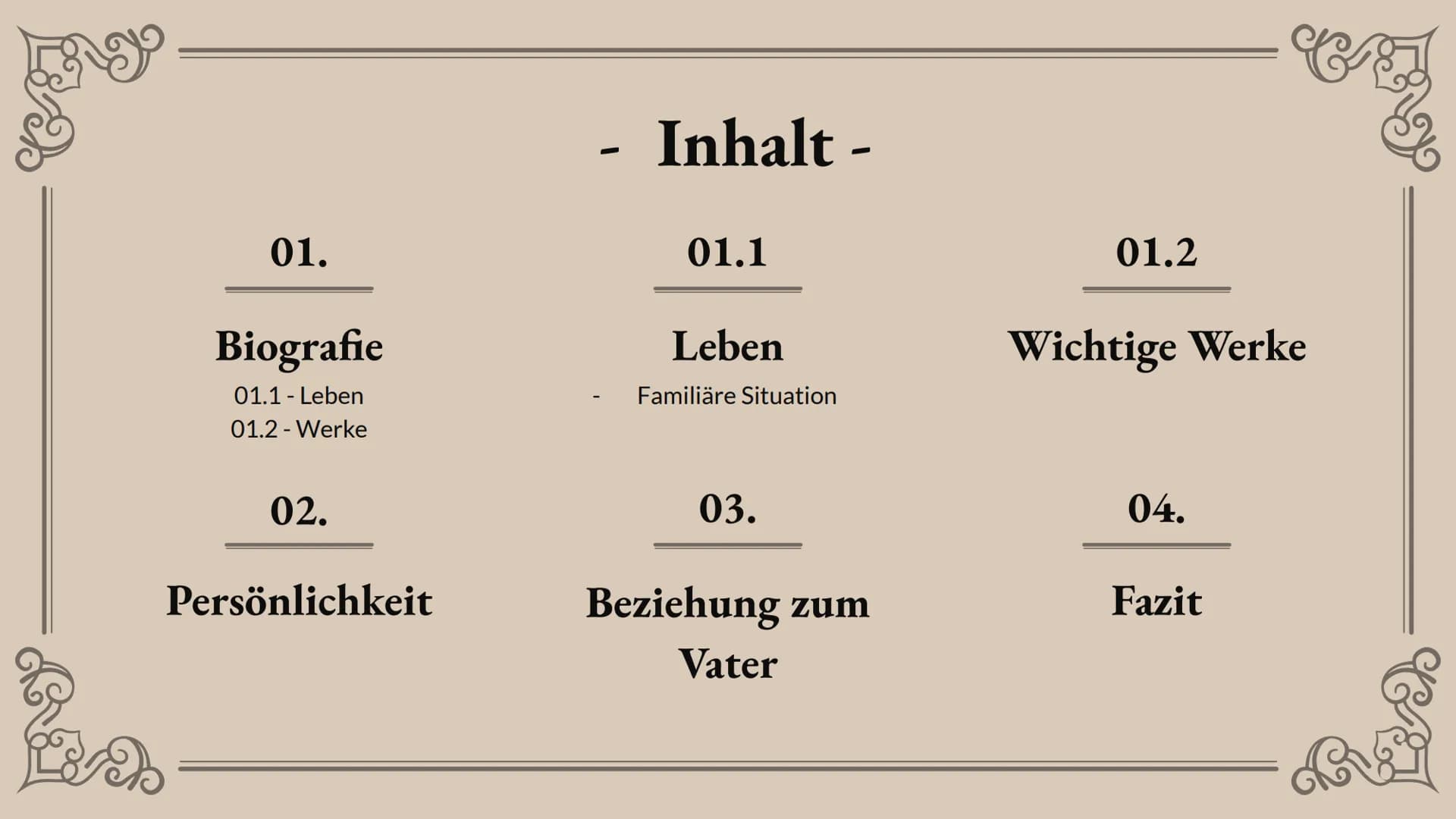 Franz Kafka -
"Brief an den Vater”
Biogeo
Presented by Luise Weymann
refe Evan
01.
Biografie
01.1 - Leben
01.2-Werke
02.
Persönlichkeit
-
In