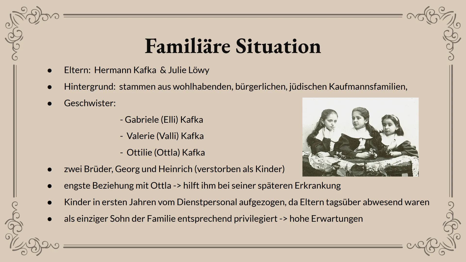 Franz Kafka -
"Brief an den Vater”
Biogeo
Presented by Luise Weymann
refe Evan
01.
Biografie
01.1 - Leben
01.2-Werke
02.
Persönlichkeit
-
In