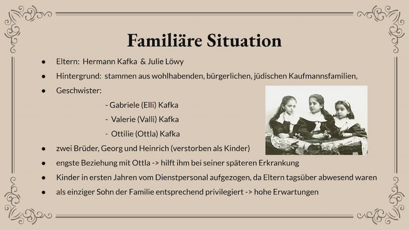 Franz Kafka -
"Brief an den Vater”
Biogeo
Presented by Luise Weymann
refe Evan
01.
Biografie
01.1 - Leben
01.2-Werke
02.
Persönlichkeit
-
In
