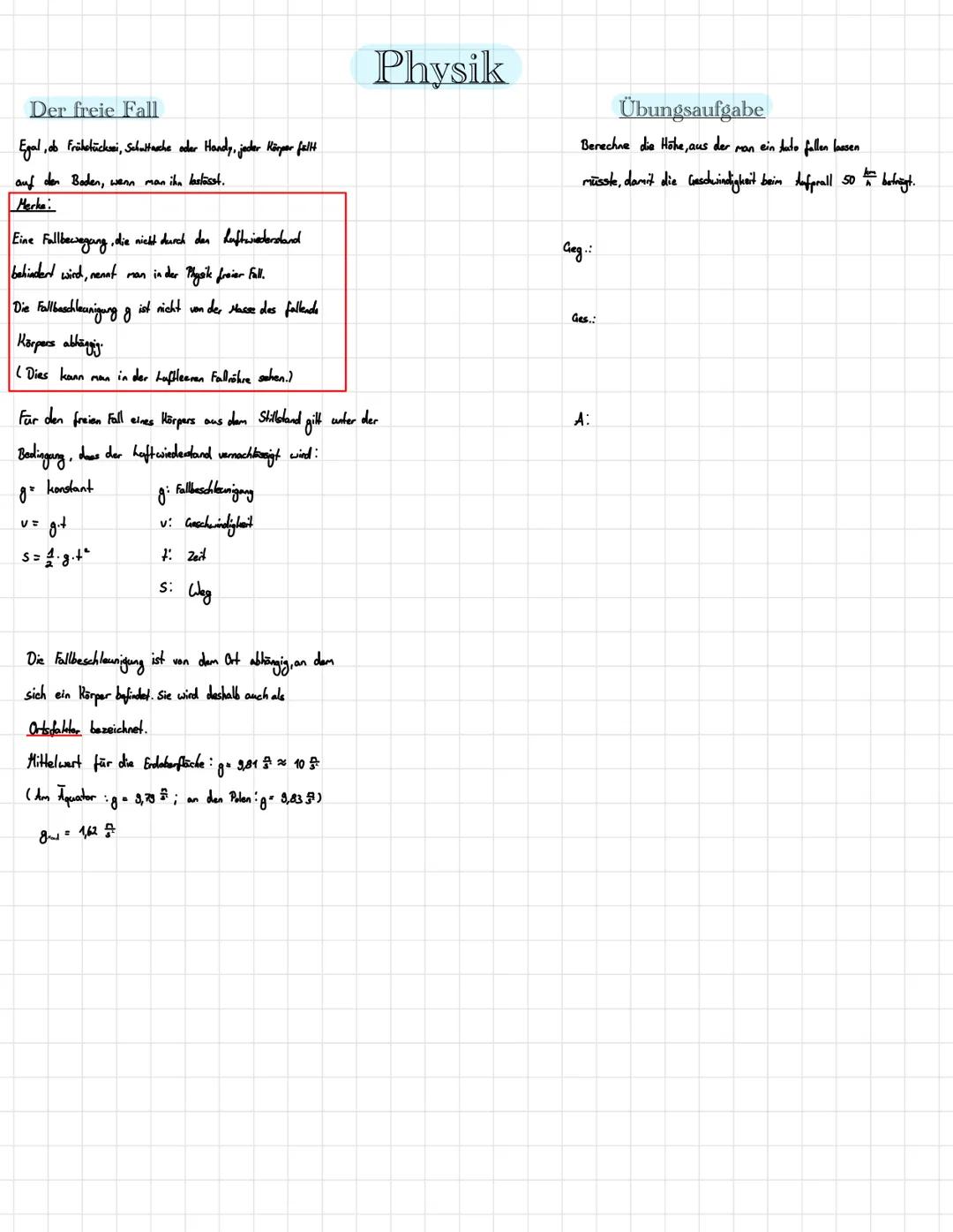 Der freie Fall
Egal, ob Frühstücksei, Schultasche oder Handy, jeder Körper fällt
auf den Boden, wenn man ihn lastässt.
Merka
Eine Fallbewegu