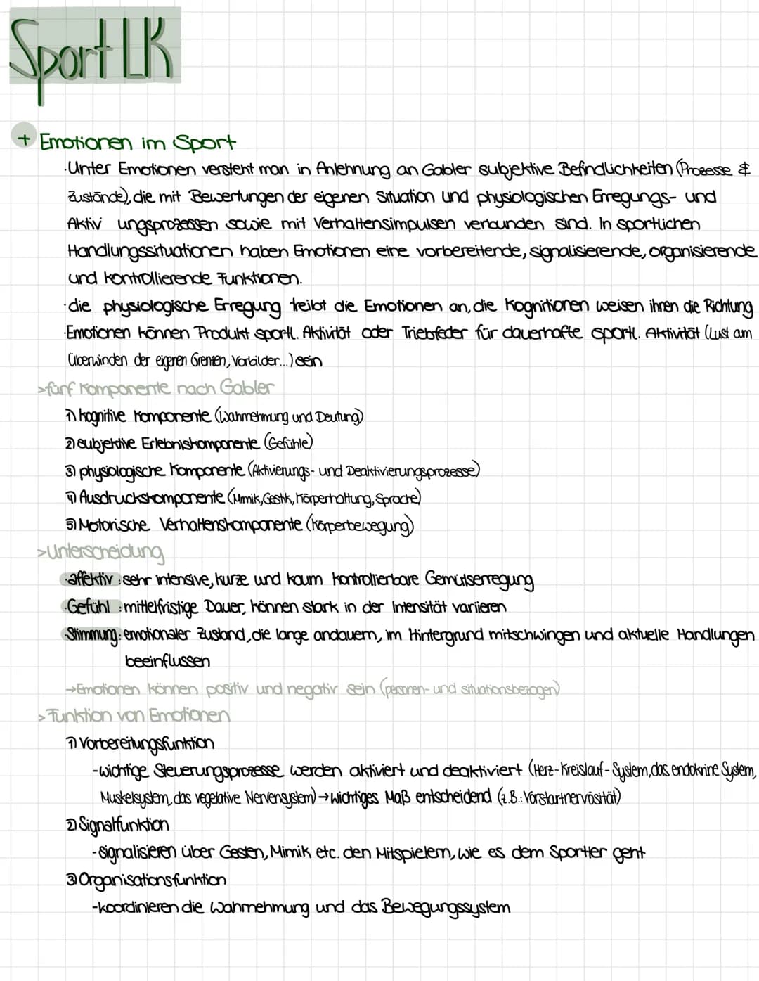 Sport LK
+ Emotionen im Sport
Unter Emotionen versteht man in Anlehnung an Gabler subjektive Befindlichkeiten (Prozesse &
Zustande), die mit