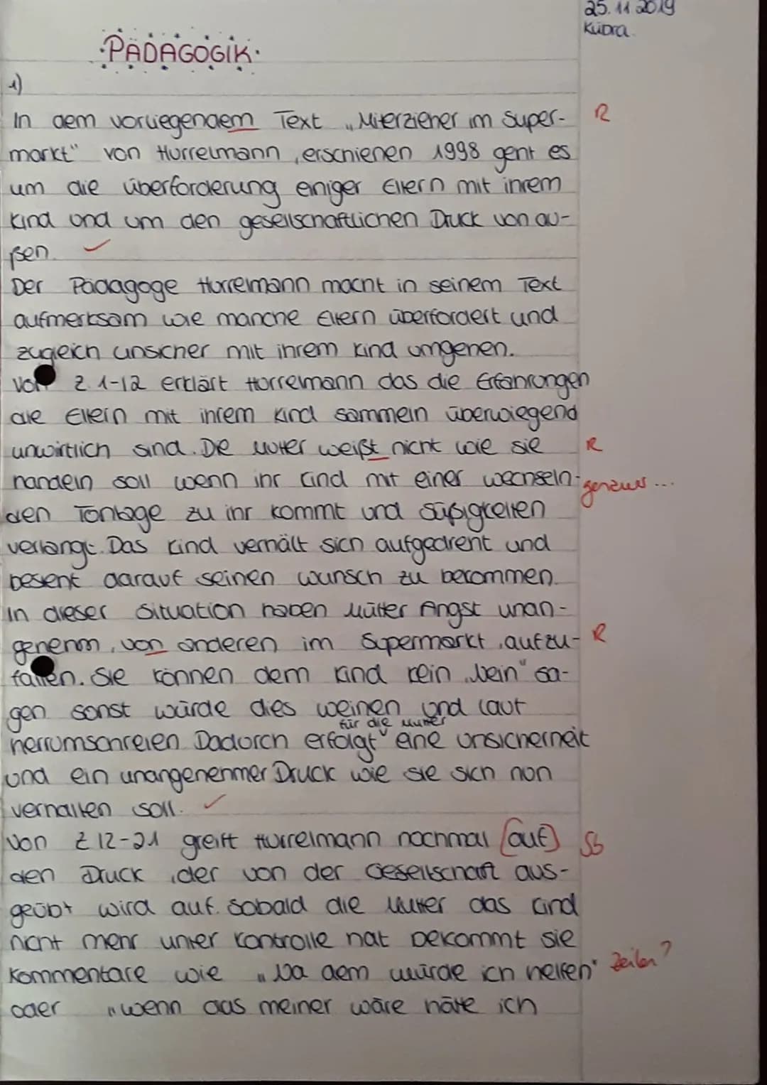 Kübra
2.
Aufgabenstellung:
1. Fasse den Text kurz zusammen und beschreibe, worin der Autor die Ursachen für die
Überforderung mancher Eltern