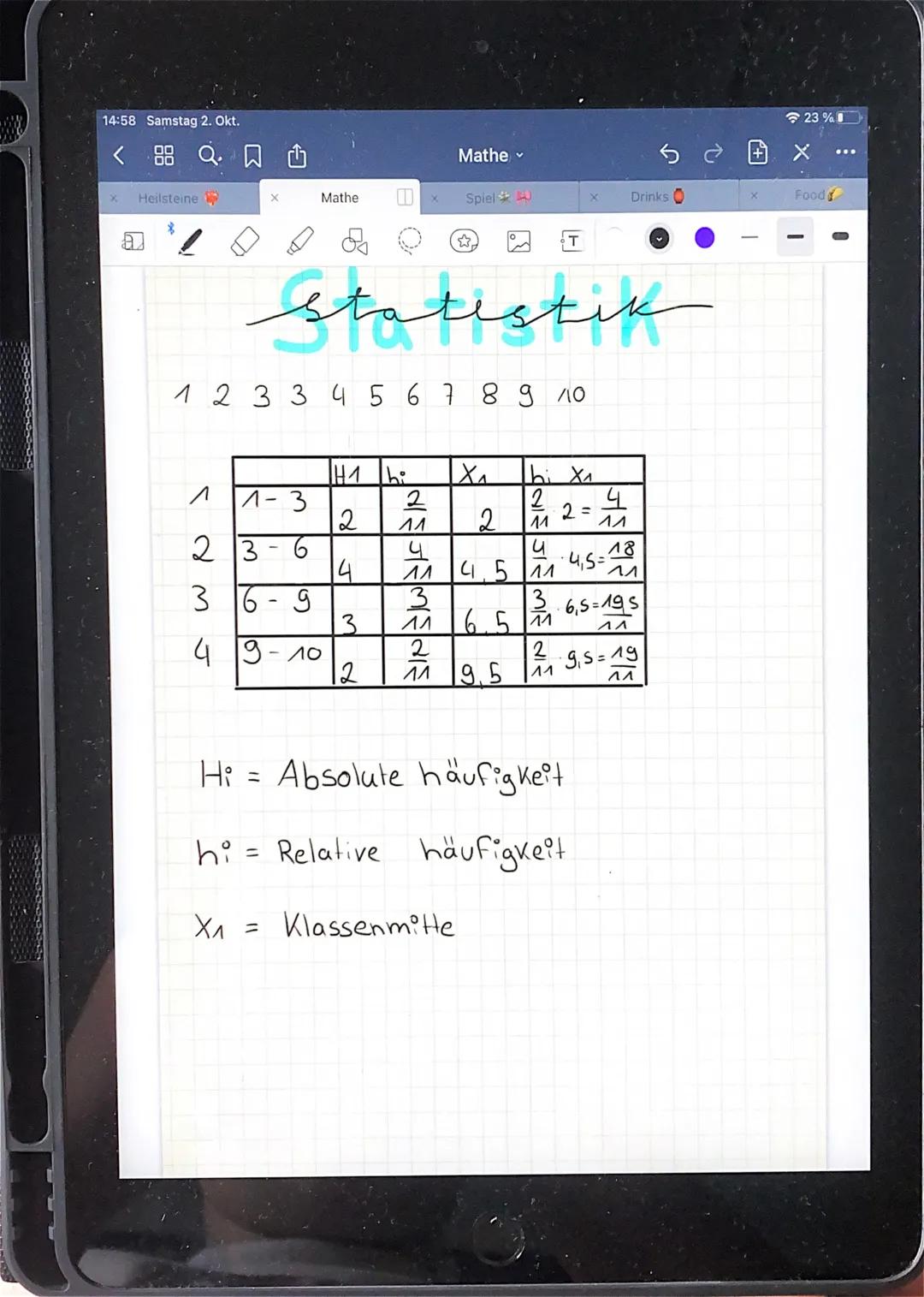 14:58 Samstag 2. Okt.
<
Mathe
Heilsteine
X
Mathe
X
Spiel
*
a
T
SX
X
Drinks
Statistik
1 2 3 3 4 5 6 7 8 9 10
Modalwert Median
Me dian = Jst d