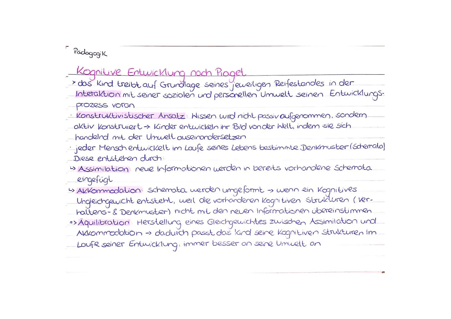 Pädagogik
-Kognitive Entwicklung nach Piaget.
> das Kind treibt auf Grundlage seines jeweiligen Reifestandes in der
Interaktion mit seiner s