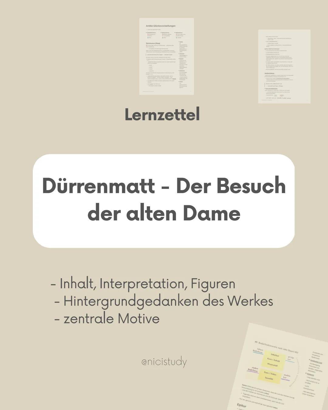 Glückvorgan

Lernzettel

Dürrenmatt - Der Besuch
der alten Dame

Inhalt, Interpretation, Figuren
Hintergrundgedanken des Werkes
zentrale Mot