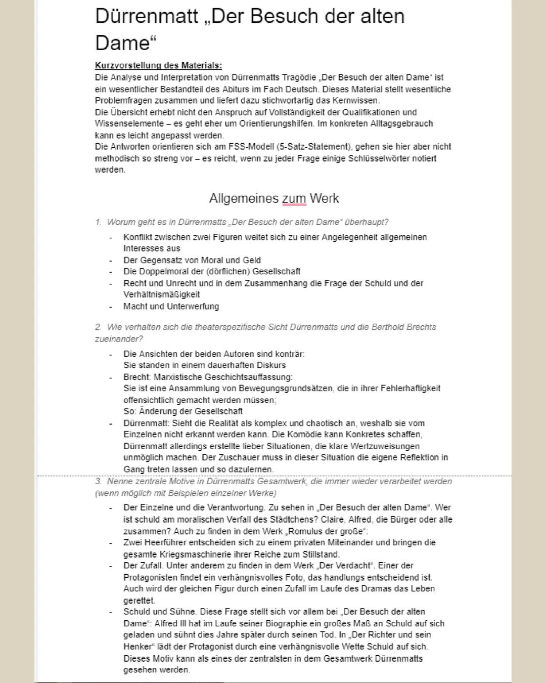 Glückvorgan

Lernzettel

Dürrenmatt - Der Besuch
der alten Dame

Inhalt, Interpretation, Figuren
Hintergrundgedanken des Werkes
zentrale Mot