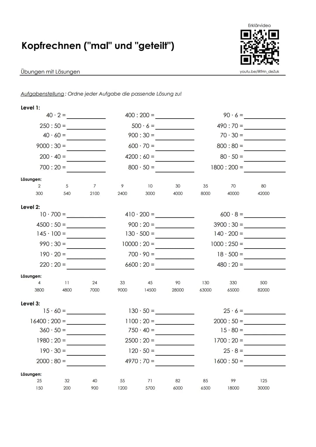 Kopfrechnen ("mal" und "geteilt")
Übungen mit Lösungen
Aufgabenstellung: Ordne jeder Aufgabe die passende Lösung zu!
Level 1:
40.2 =
250 : 5