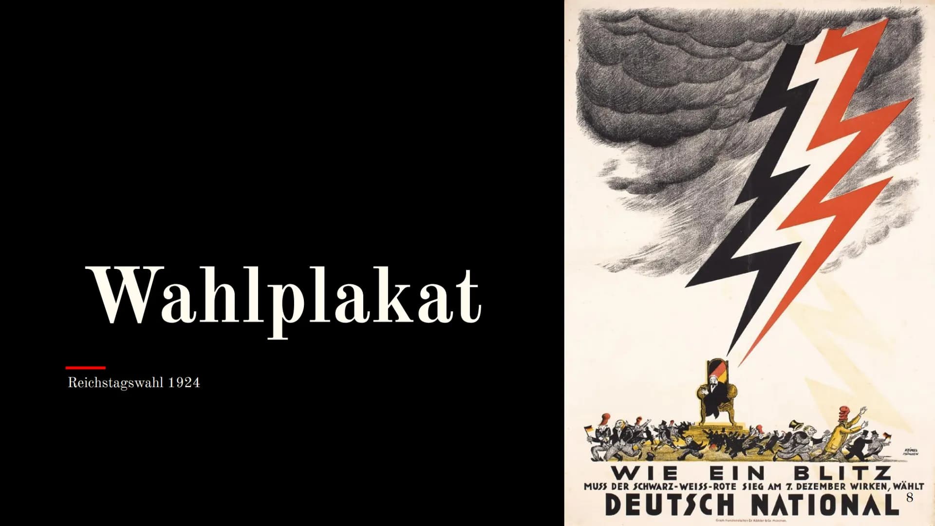 KEIMEL
MONTEN
WIE EIN BLITZ
MUSS DER SCHWARZ-WEISS-ROTE SIEG AM 7. DEZEMBER WIRKEN, WÄHLT
DEUTSCH NATIONAL
Graph Kunstsaites Dr Köhler & Min