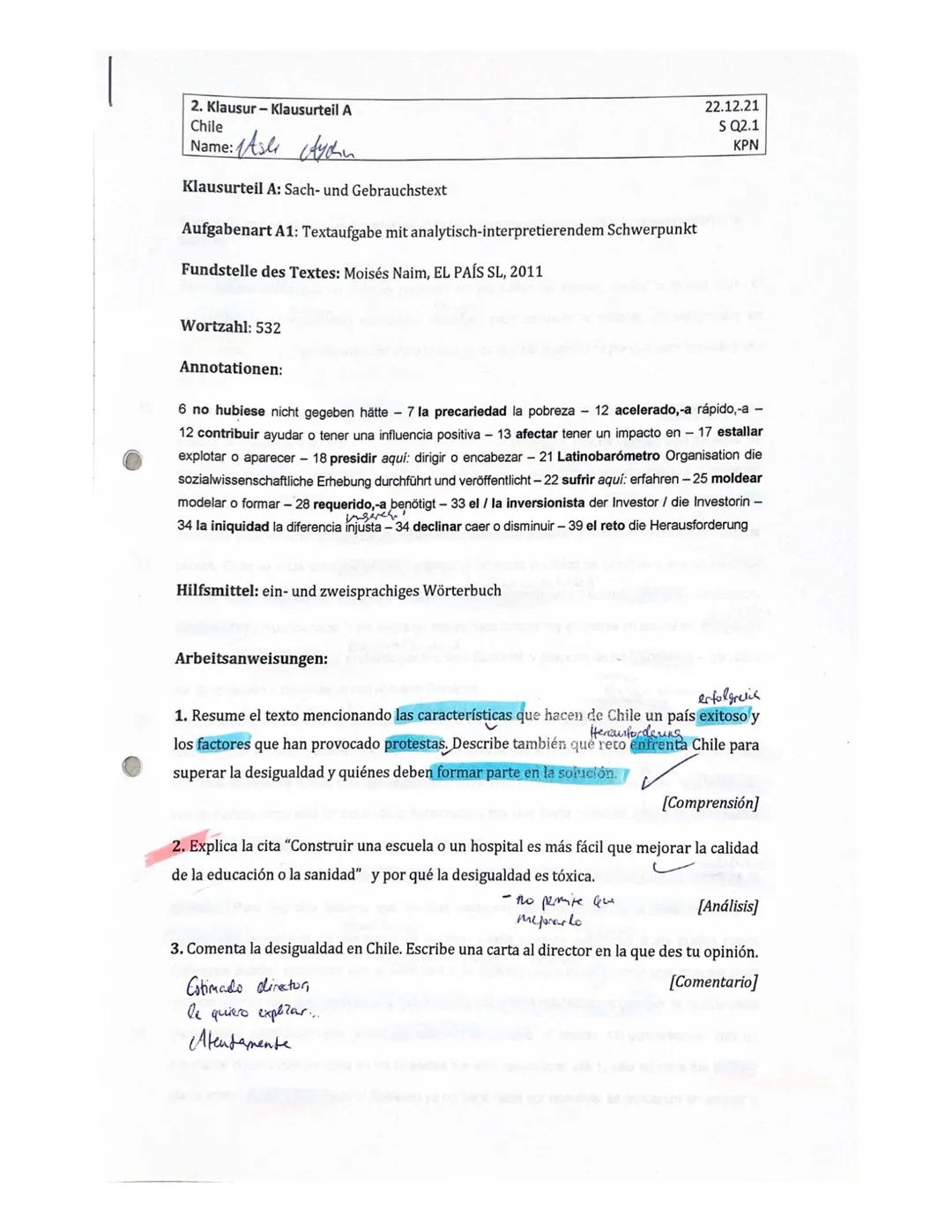 2. Klausur-Klausurteil A
Chile
Name:
2:1 Asl
tychn
Klausurteil A: Sach- und Gebrauchstext
Aufgabenart A1: Textaufgabe mit analytisch-interpr
