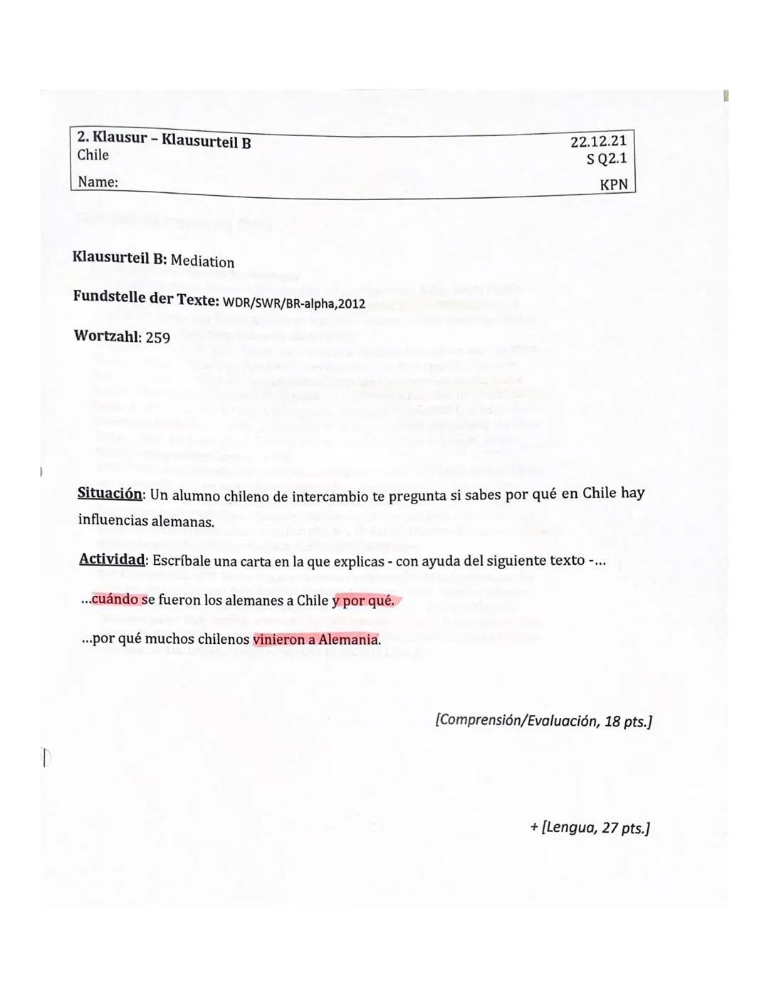 2. Klausur-Klausurteil A
Chile
Name:
2:1 Asl
tychn
Klausurteil A: Sach- und Gebrauchstext
Aufgabenart A1: Textaufgabe mit analytisch-interpr