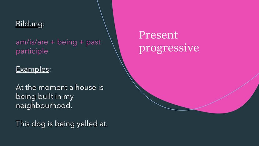 THE PASSIVE
Der Passiv im Englischen Simple present
Bildung:
am/is/are + past participle
Examples:
English is spoken in Australia.
The fries