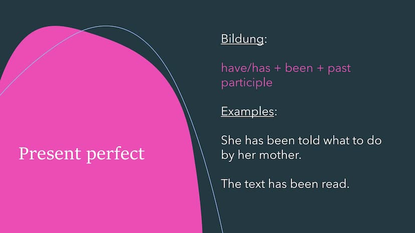 THE PASSIVE
Der Passiv im Englischen Simple present
Bildung:
am/is/are + past participle
Examples:
English is spoken in Australia.
The fries