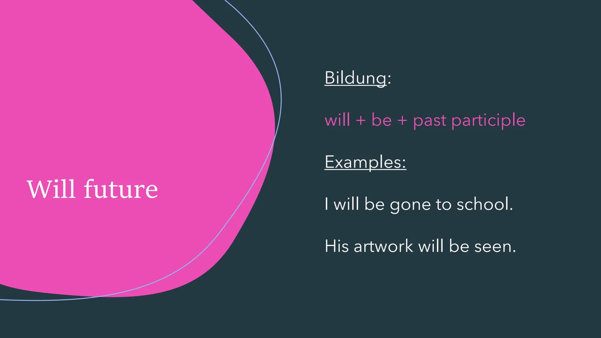 THE PASSIVE
Der Passiv im Englischen Simple present
Bildung:
am/is/are + past participle
Examples:
English is spoken in Australia.
The fries