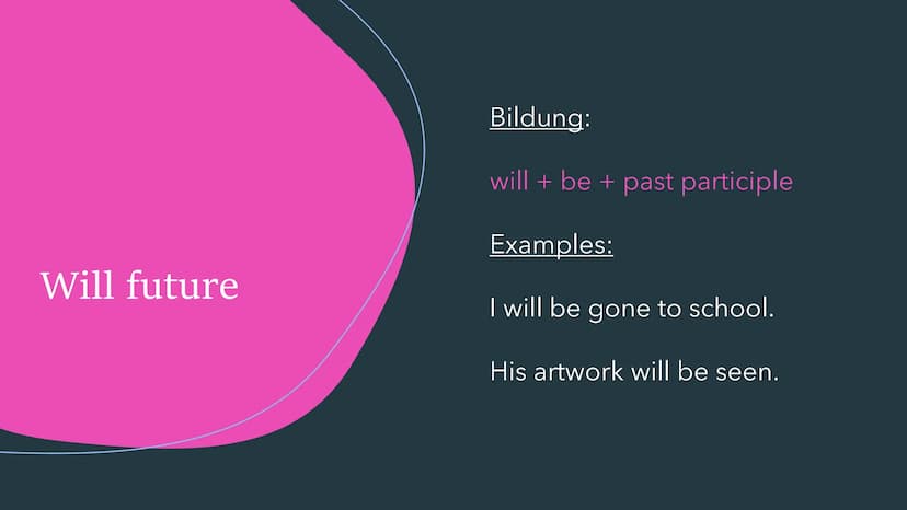 THE PASSIVE
Der Passiv im Englischen Simple present
Bildung:
am/is/are + past participle
Examples:
English is spoken in Australia.
The fries