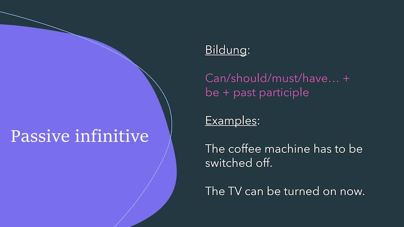THE PASSIVE
Der Passiv im Englischen Simple present
Bildung:
am/is/are + past participle
Examples:
English is spoken in Australia.
The fries