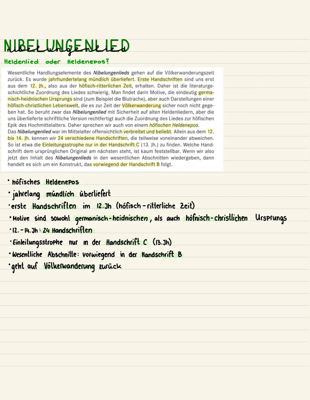 NIBELUNGENLIED
Heldenlied oder Heldenepos?
Wesentliche Handlungselemente des Nibelungenlieds gehen auf die Völkerwanderungszeit
zurück. Es w
