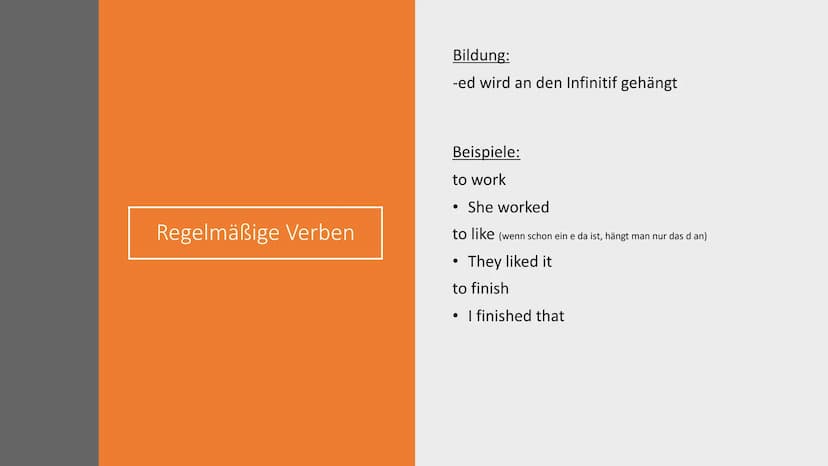Simple past Gebrauch:
Über Vergangenheit berichten
Sagen, wann etwas passiert ist
Eine Geschichte erzählen Regelmäßige Verben
Bildung:
-ed w