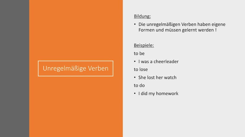 Simple past Gebrauch:
Über Vergangenheit berichten
Sagen, wann etwas passiert ist
Eine Geschichte erzählen Regelmäßige Verben
Bildung:
-ed w