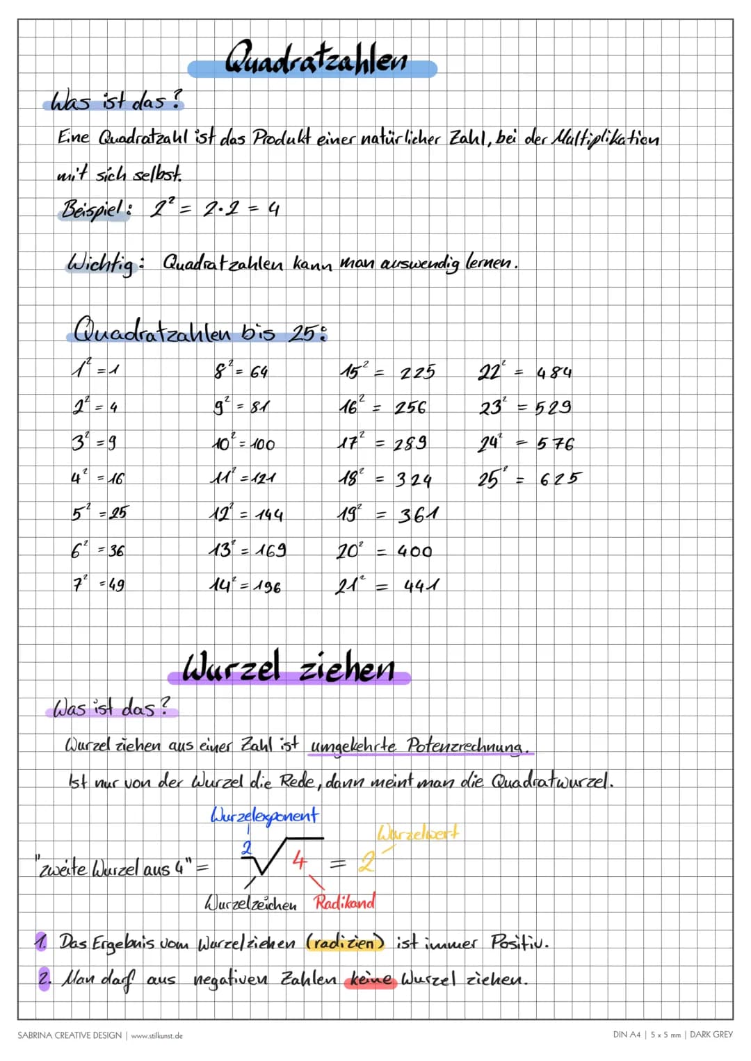 Was ist das?
Eine Quadratzahl ist das Produkt einer natürlicher Zahl, bei der Multiplikation
mit sich selbst.
Beispiel: 2² = 2.2 = 4
Wichtig