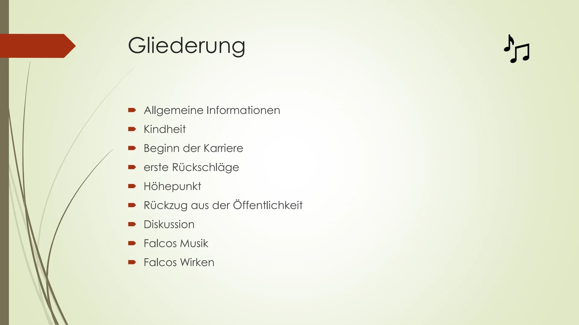 Falco Gliederung
► Allgemeine Informationen
➡ Kindheit
Beginn der Karriere
➡erste Rückschläge
Höhepunkt
Rückzug aus der Öffentlichkeit
→ Dis