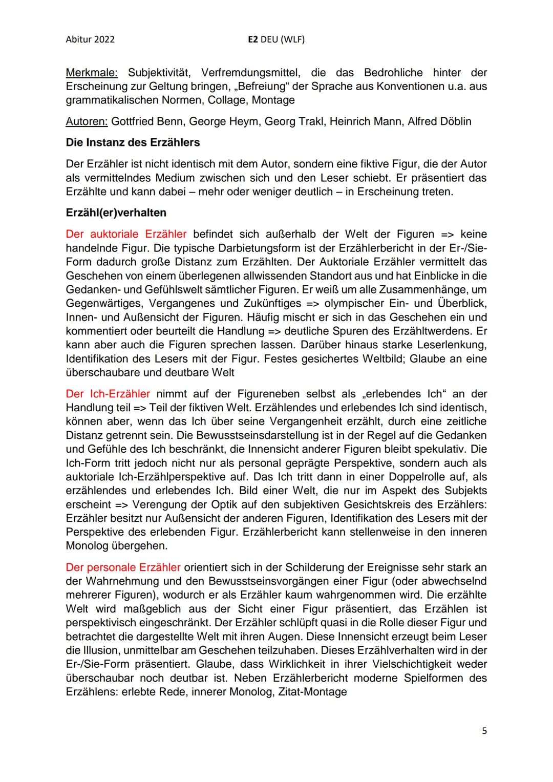 Abitur 2022
I. Rahmenthema 3: Literatur und Sprache um 1900 neue
Ausdrucksformen der Epik
Krise und Erneuerung des Erzählens:
●
E2 DEU (WLF)