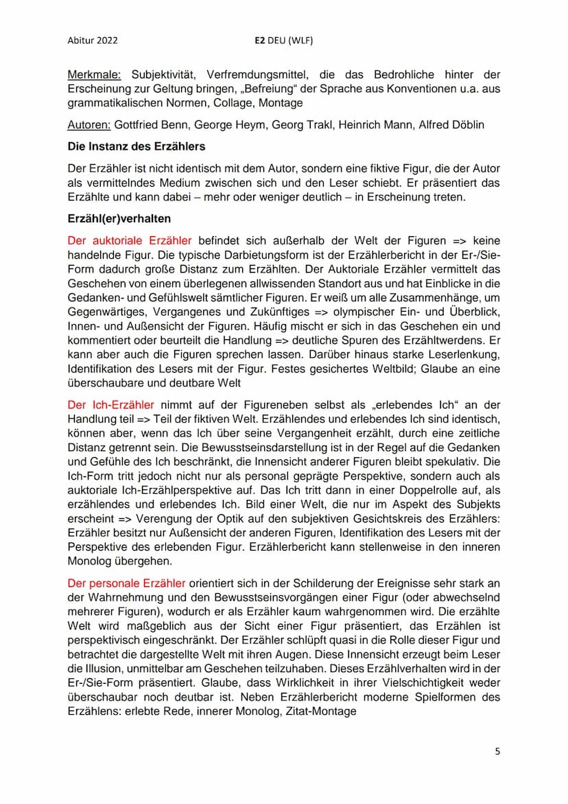 Abitur 2022
I. Rahmenthema 3: Literatur und Sprache um 1900 neue
Ausdrucksformen der Epik
Krise und Erneuerung des Erzählens:
●
E2 DEU (WLF)