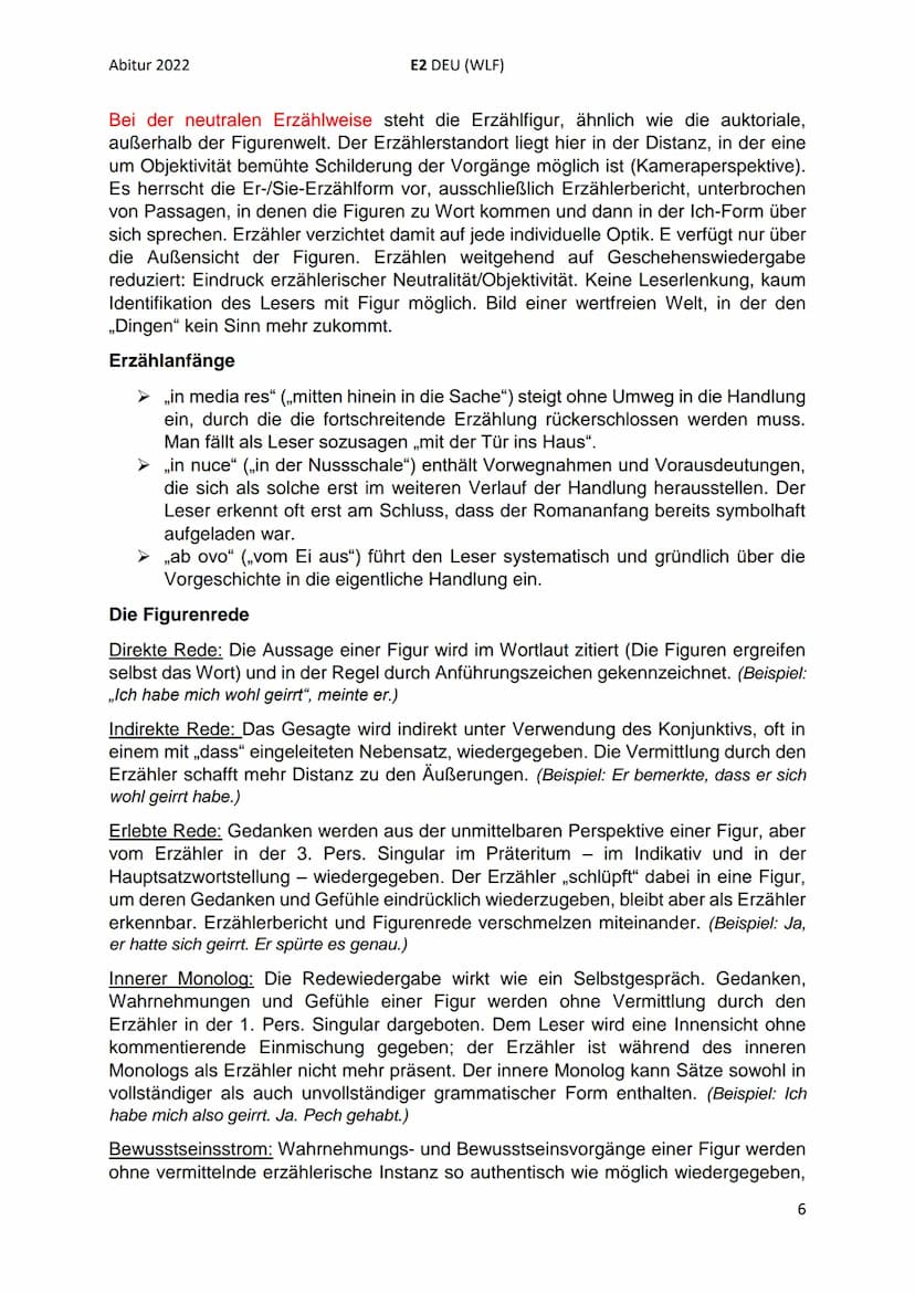 Abitur 2022
I. Rahmenthema 3: Literatur und Sprache um 1900 neue
Ausdrucksformen der Epik
Krise und Erneuerung des Erzählens:
●
E2 DEU (WLF)