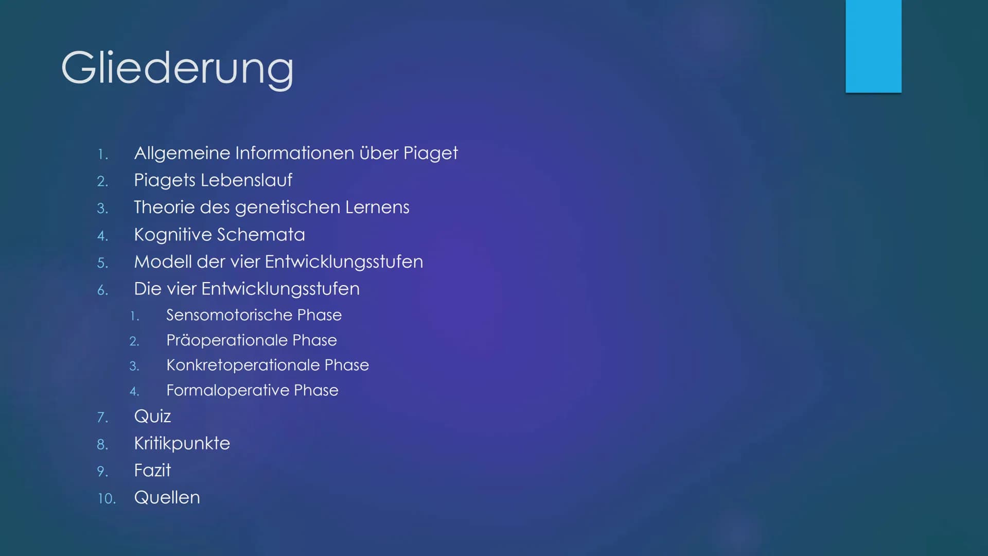 Das Stufenmodell der
kognitiven Entwicklung
nach Jean Piaget
IST SEINE THEORIE DER ENTWICKLUNGSSTUFEN VERTRETBAR? Gliederung
Allgemeine Info