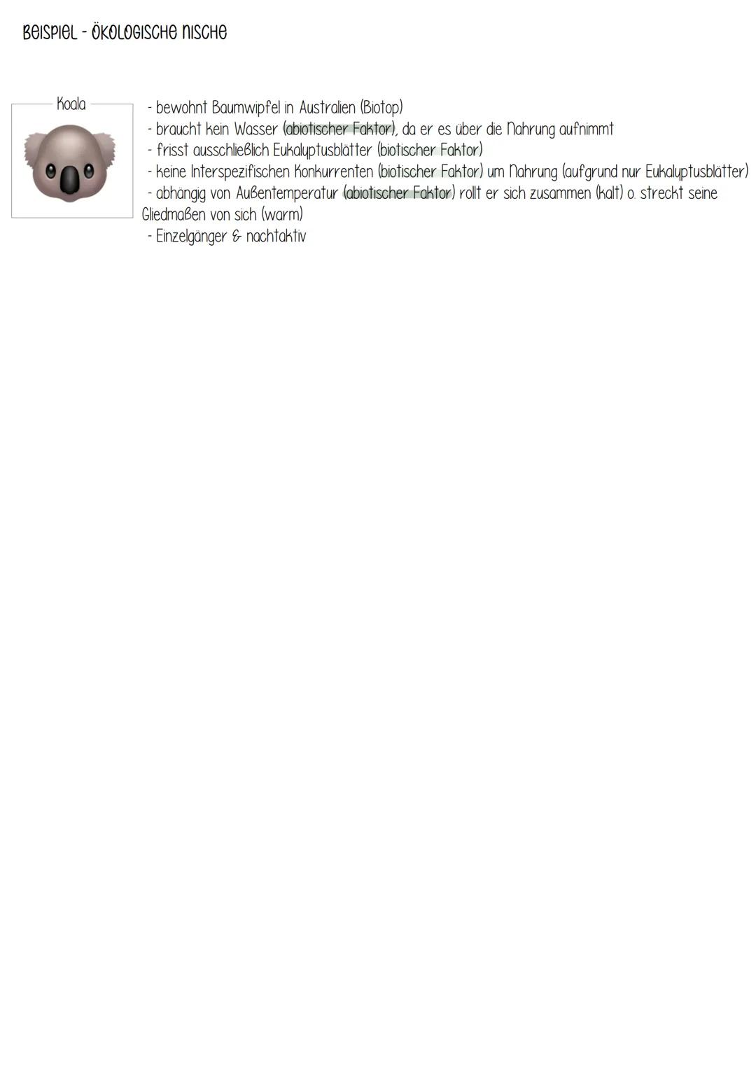 # Ökologische Nische

Gesamtheit der Wechselbeziehungen einer Art mit ihren relevanten biotischen und abiotischen Umwelt faktoren,
die das Ü